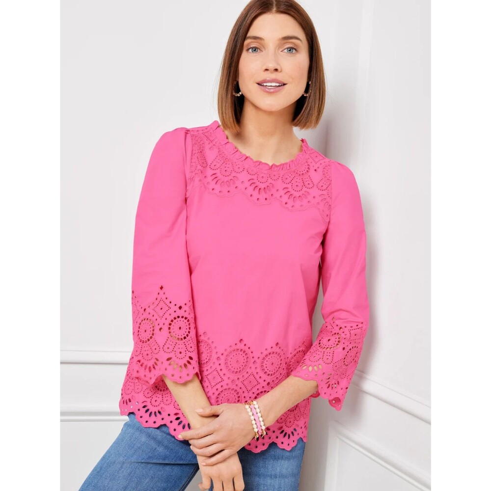 NWT Talbots Pink Eyelet Embroidered Blouse Sz MP Ruffle Neck Scalloped MSRP $139